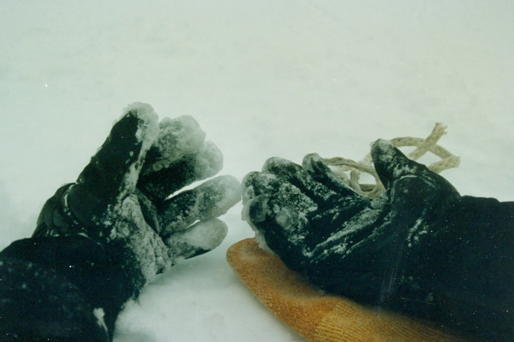 After the final wall was done and the last bit of snow flair added, it was noticed that while adding water to snow makes for some solid walls and flair, it can also en-thicken gloves.