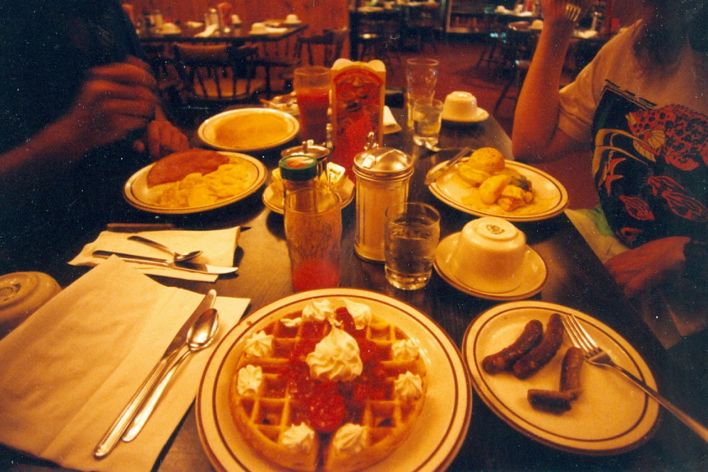 Having learned that there is NO Empire State Building shaped table at which to sit while the staff shoots paper bi-planes at you, we declined the "The King Kong Breakfast" and went with waffles instead. There were also some sausages involved.