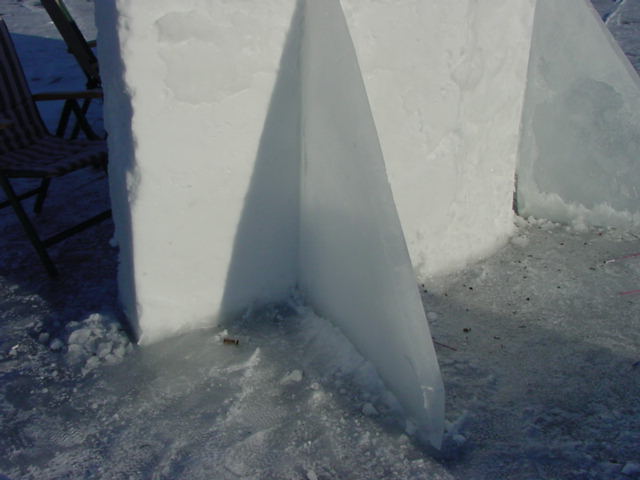 The ice buttresses were poured the night before in special molds and lifted into place after wall fabrication.