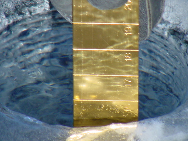 The ice is almost 16 inches thick. It will be thicker the next time we come up.<br><br><br>-Nemo