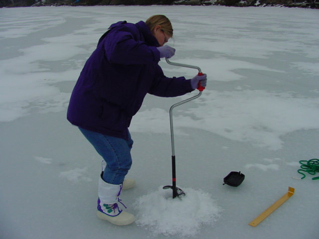 We grabbed a ruler, an ice auger, and a rope (just in case the ice was not as thick as advertised and one of us needed rescuing) and headed out onto the ice to find the thickness of the frozen layer.