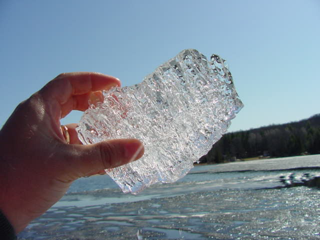 The ice on the edges is about 2.5 inches thick and breaks off quite easily.