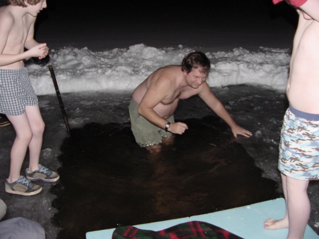 This was taken just before going under.  The lake was very, take-your-breath-away, brisk.  The actual time spent under the water was described as "brief".  It seemed rather long to me though.