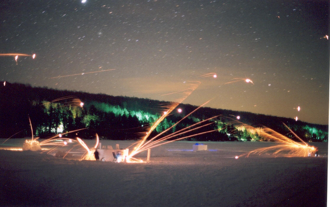 Ignition problems plagued Krispa's fort (second from the right, the one not firing rockets) all night.