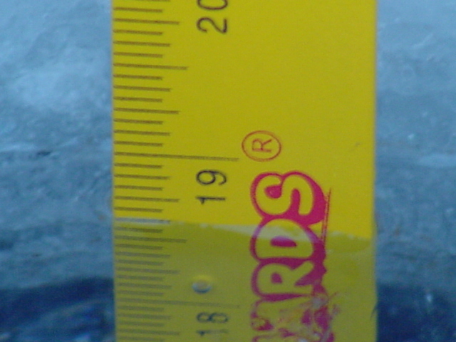 After skiing at Brule, a hole was drilled in the lake and the ice measured.  There was 19 inches of good ice.  I'll have the annual ice-out contest up next week.