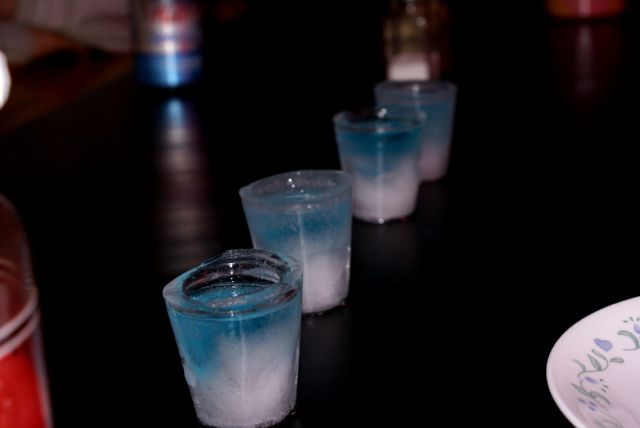 Shot glasses made of ice were part of a festive foundation for bar night.
