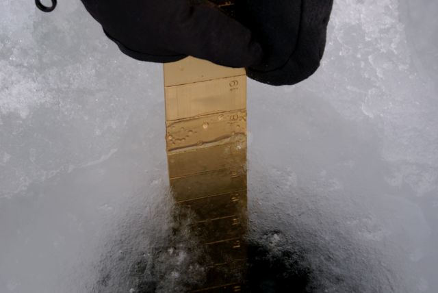 The ice is about 17.5 inches thick.  Speaking of ice,  the ice-out contest should be up soon.  I'm trying to make the page more user friendly and the prizes will be more than just a t-shirt, but I've said too much.  Watch for the page some time this week.
