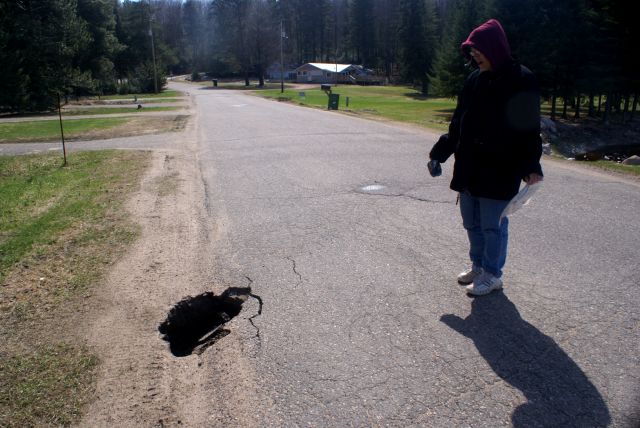 All the run-off from the melting snow and rain last week has damaged some roads near the lake.  Potawatomi Trail has a large hole on the north side about 300 feet east of the bar.