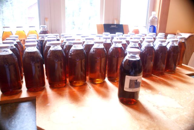 By Saturday, the syrup was bottled and just needed some labels.