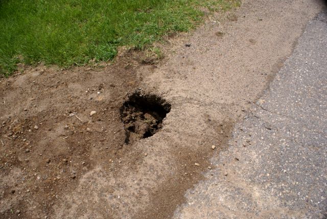 Another inflow caused erosion hole has formed on Potawatomi trail.  No cars or puppies fell into it while we were present.