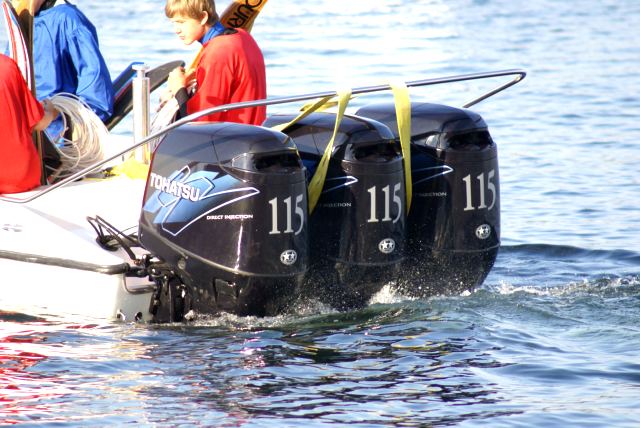 On Sunday, July 27th, the ski club had an old timers show.  While watching the start of the show, one question came to mind, "who makes 'Tohatsu' outboards?"  I was told later that "Tohatsu" is Japanese for "Mercury Marine".