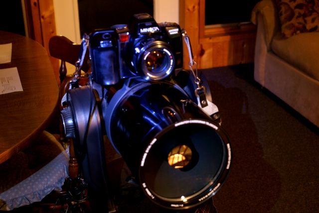 We left for the northwoods after work on Thursday and arrived at dark o'clock.  Skiing is not legal and golf is pretty hard this late, but the sky was clear and the stars, one moon, and some planets were out.  A camera was attached to a telescope and a few images taken.  I'll post those images in a few weeks if they are any good.