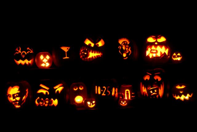 The pumpkins were carved and candled by 9:00 PM.