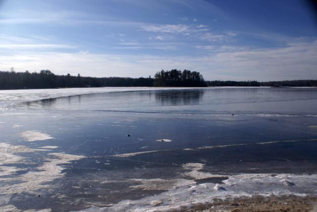 The public boat landing has a bit too much ice to launch a boat, but not enough to bring out the ice shacks.