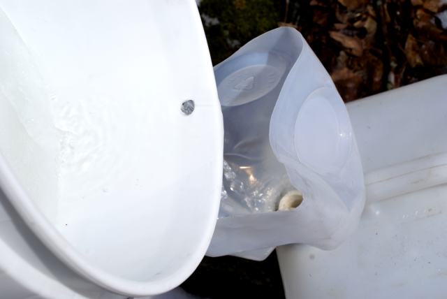 Most of the trees had produced less than a gallon, but some had dripped well over 2 gallons of sap.  Carrying 2 five gallon jugs (about 50 pounds each) back to the ATV got old fast and the one jug at a time method was quickly employed.