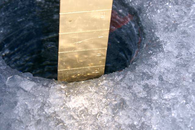 There is 14.5 inches of very good ice between winter and spring.  If the weather holds, look for an early ice-out.
