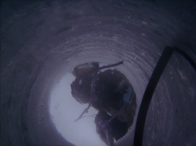 With the thick ice and all the snow and clouds, it's pretty dim looking up from under the ice.