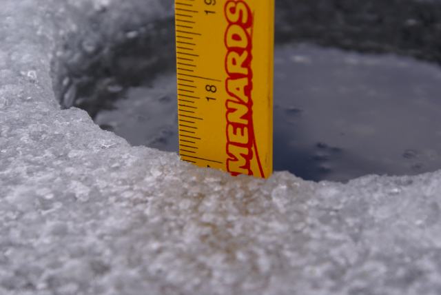 There is 17 inches of ice on the lake.  No ice-out today.