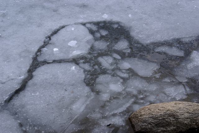 There was no measurement of the lake ice.  This is where I broke through while checking if the ice was strong enough to stand on.  It wasn't.
