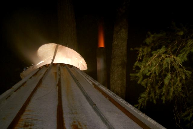 Steam poured from the central vent and a cone of flame shot from the stack as sap boiled closer and closer to syrup on this sweet, warm and dry Thursday night.