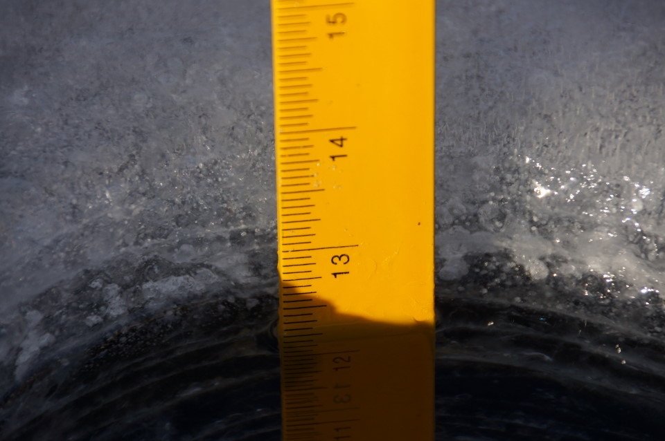To nobody's surprise, the lake still has ice.  It's 13.75 inches thick.