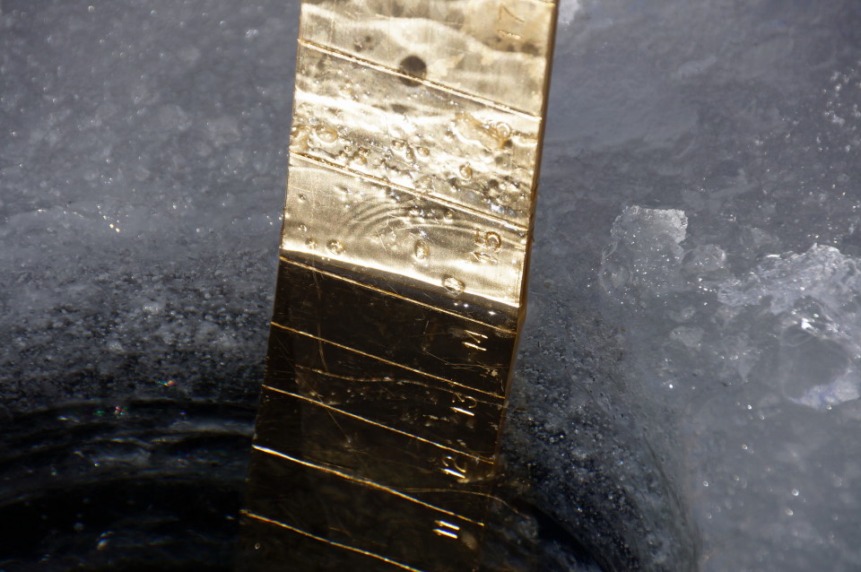 The frozen layer covering Lake Lucerne is 14.25 inches thick.