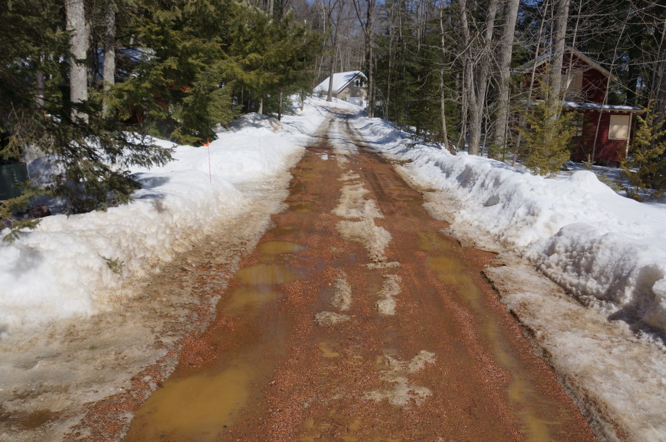 The condition code of Knott Lane has gone from red (the color most associated with the hue of bruises compiled by falling on the ice) to brown (the color most associated with spring mud).