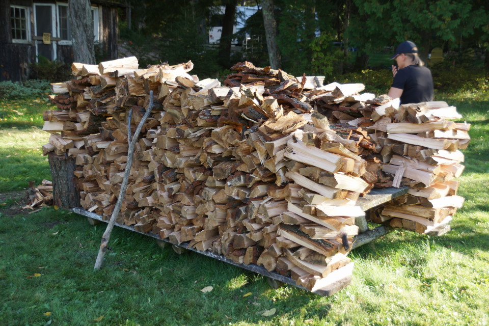 It turned out to be about a cord.  It took more than an hour to smallize and stack.