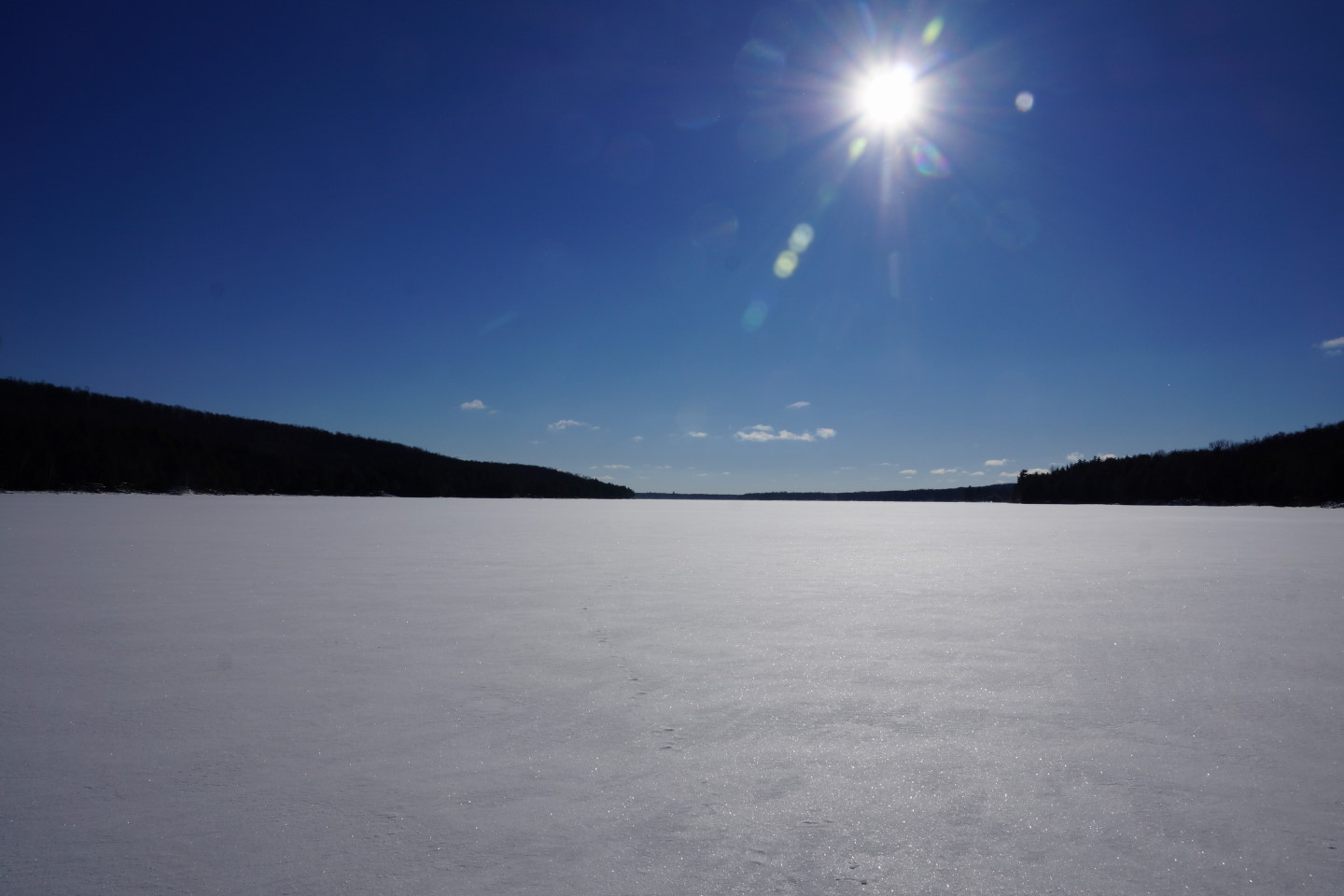 There's four inches of snow covering all that lake ice.  That's enough to build a great fort, but not enough to seriously impede hiking.  The origin of the four inches is from several small snow events rather than one good storm.  I find myself missing those big snow storms.  Just after a really deep one it gets very still and quiet out on the lake.  It also makes a great surface on which to put a chair and share a bottle of wine while watching Orion cross the sky.<br><br><br>-Nemo never heard of a "Charlie in the box"