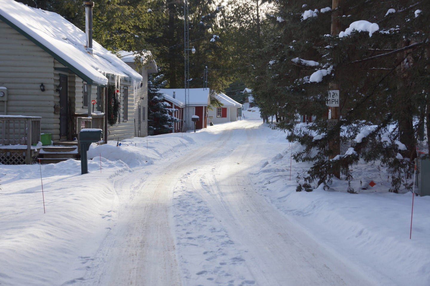 Knott Lane is shrouded in snow and ice.  We hope to see flecks of red granite peaking through in about 12 weeks.