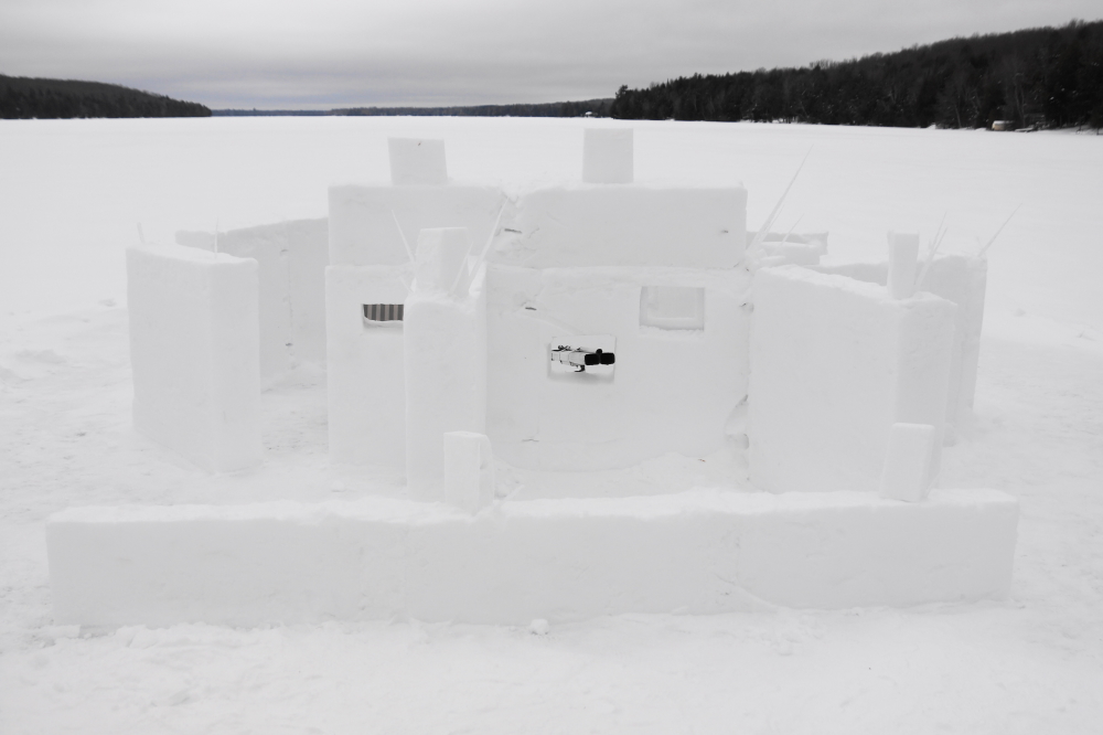 By Friday evening, one fort was done. The southern fort included buttress walls, polycarbonate windows, icicle spikes, decorative totems,  and a breakfast nook.