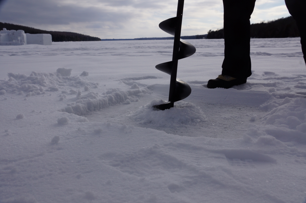 One of the final tasks last week was to aug a hole in Lake Lucerne to check on the thickness of the ice.