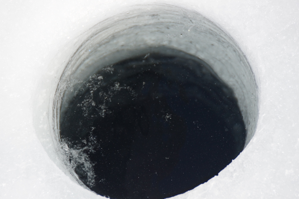 The ice covering Lake Lucerne has two distinct layers. The top 5.5 inches is the more airy, frozen snow type ice. The rest is the crystal clear, super hard type. Both layers will need to be gone before anyone wins this year's ice-out contest.</a>