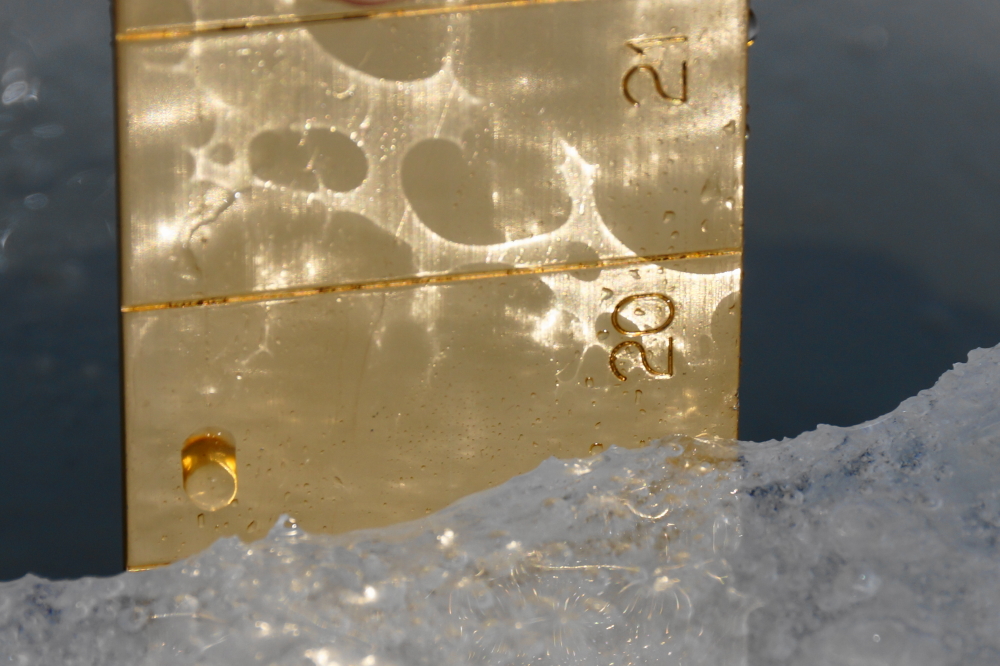 On the weekend, a hole was cut into the lake ice to determine its thickness. With the early week's warm, we thought the ice would be thinner, but instead Lake Lucerne has gained over an inch of hard, clear, solid water. Just over 19 inches now separates us from ice-out.