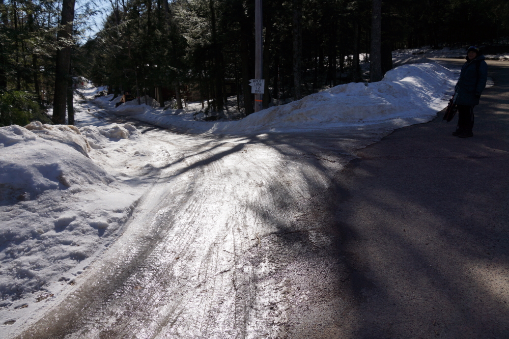 The north part of Knott Lane is the worst. The ice shelf there has combined with the steep grade to bruise more than a few of even the most wary walkers.