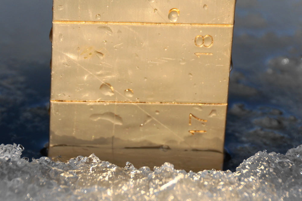 As you might expect, the lake ice is taking a beating. At 16.5 inches it's down 3.5 inches from last week, but that's not all. The top 6.5 inches are very soft, leaving only 10 inches of good ice.  In the past, we've seen 9 inches of good ice melt in about a week. Will the ice make it to Easter. Maybe, but we don't think so.