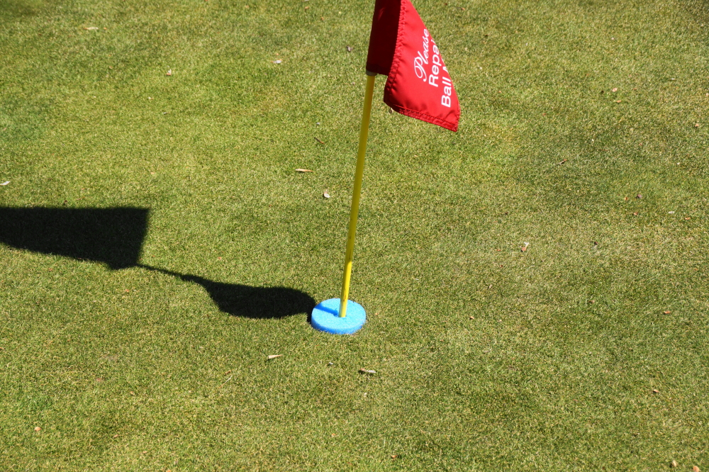 With the plague came new rules. No carts, wider spacing between groups, and your ball doesn't have to fall into the cup, but rather hit the blue water noodle filling the cup.