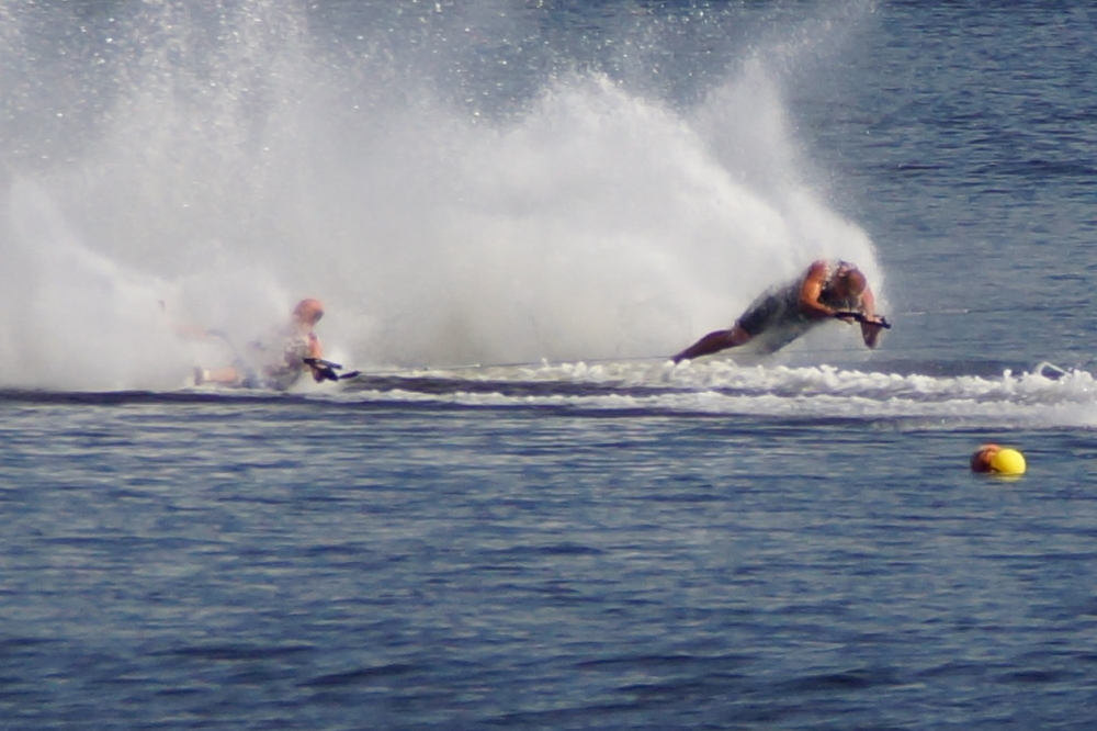 Sometimes a large wave will award the silver to both footers. When that happens, both are fished out of the lake and the judges declare a re-run.