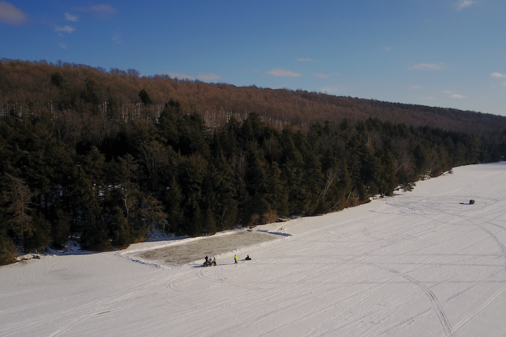 The skating rink near the northeastern corner of the lake seems to draw many onlookers but few, if any, skaters.