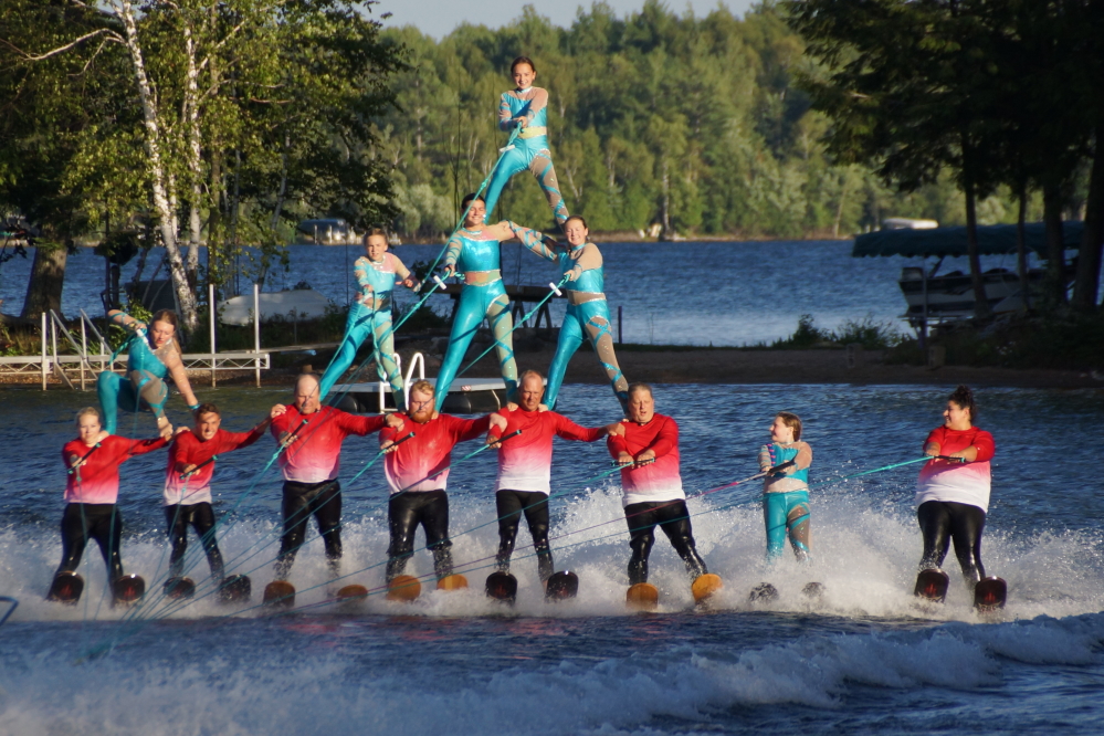 Wednesday evening's ski show was hampered by some strong, swirling winds. Footing acts were canceled and pyramid acts were all bouncy in an entertaining, but painful way.