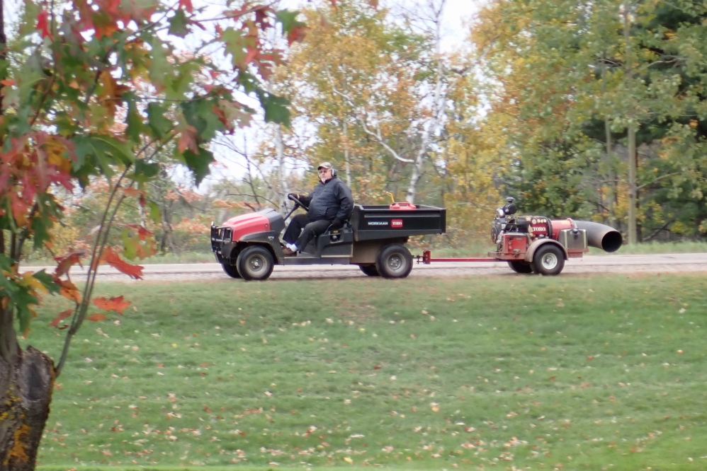 The NCC golf course is keeping the falling leaves mostly off the course with the biggest leaf blower we've ever seen.