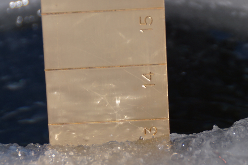 The last task was to check the lake ice thickness. Over the course of last week, Lucerne gained almost an inch and a half of ice.