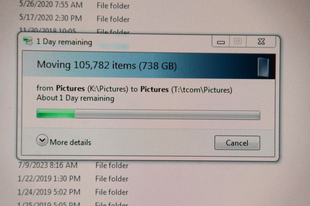 During the first round of rain, we moved some images from our desktop abacus to the bar's server. I was amused that the unit of time estimated to complete the operation was "About 1 Day" instead of hours. I wonder if the operating system programmers used weeks, months, or years. Or decades, centuries, or millenniums. I would dread the day, but be somewhat amused at the same time, to see "About X Eons remaining" in the current operation. I'd take a long lunch that day and finish it with a toast to the monkey that coded that.