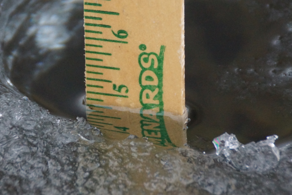 The ice is just shy of 5 inches thick. We have reports of thicker ice, up to 9 inches, on the south end.