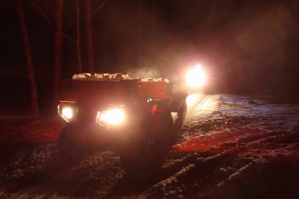 A few of the men found the strength to go back into the woods before midnight and finish gathering the field. This pushed the sap total for the day to 575 gallons not counting the 30 gallons left in collection buckets due to lack of jug space. Leaving behind the ice, we got 22.5 gallons of liquid from those buckets the next day.