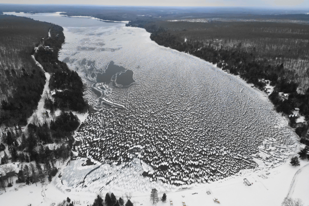 There was a small snow event on Friday. It made it simpler to see the parts of the lake that were iced and, more importantly, the parts that were still skiable.